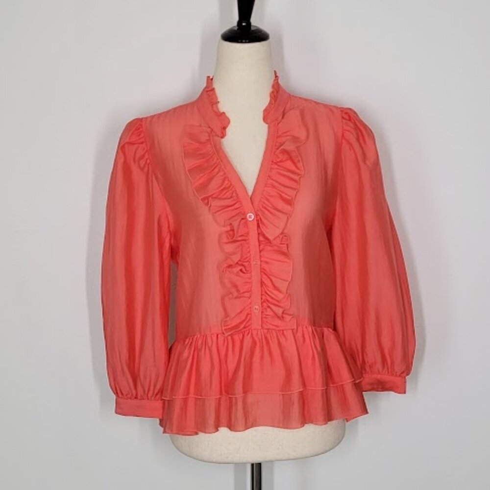 KARL LAGERFELD PARIS split-neck ruffled top Sz S - Picture 2 of 8